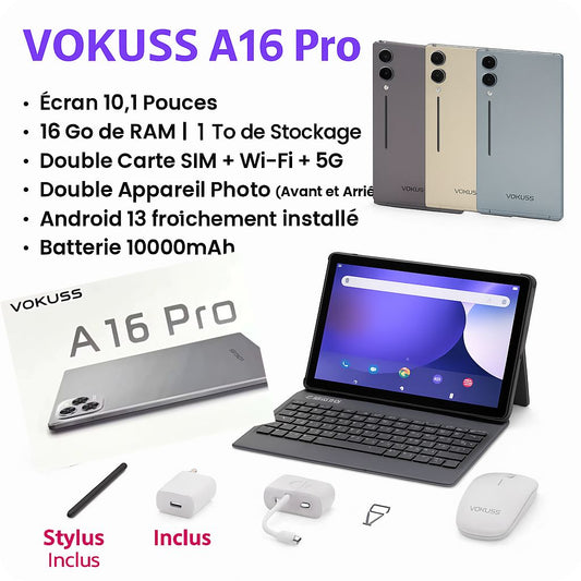 Tablette VOKUSS A16 Pro – 16 Go RAM + 1 To – 10000 mAh – Clavier + Souris + Stylet Inclus