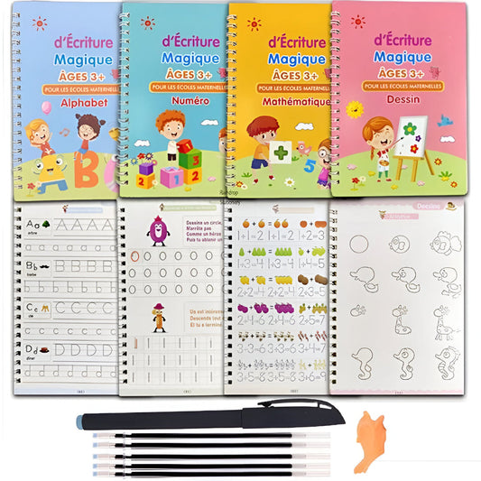 4 Cahiers Magiques 3D Réutilisables + 10 Stylos – Disponible en Français, Anglais et Arabe